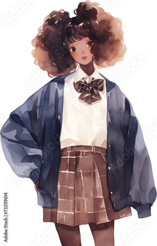 Watercolor black anime school girl portrait