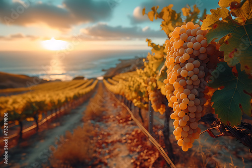 huge vineyards on which large bunches of grapes grow, large plantations, a tractor drives and waters, the sun shines in the background and the sea on the horizon 