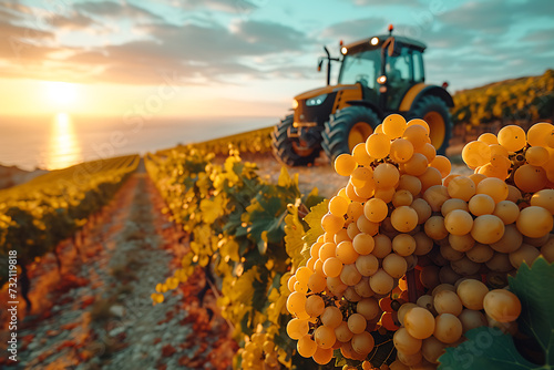 huge vineyards with large bunches of grapes, wine production, fields, a tractor, where the sun is shining and the sea is on the horizon