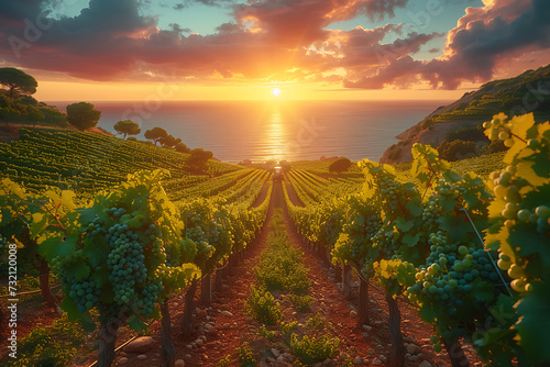 huge vineyards on which large bunches of grapes grow, large plantations, a tractor drives and waters, the sun shines in the background and the sea on the horizon 