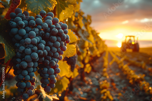 huge vineyards on which large bunches of grapes grow, large plantations, a tractor drives and waters, the sun shines in the background and the sea on the horizon
 photo