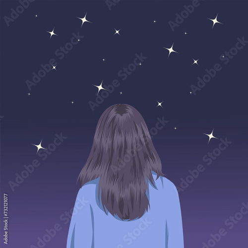 Vector background of lonely girl ,woman ,Female miss love couple boyfriend watch see night sky view star.