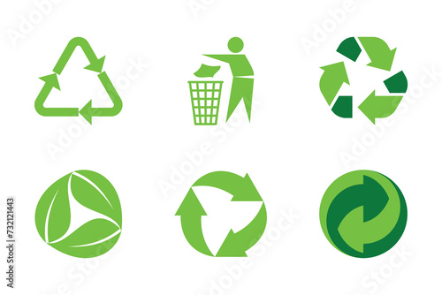 A set of green icons and signs for garbage disposal, recycling, and product or product information.