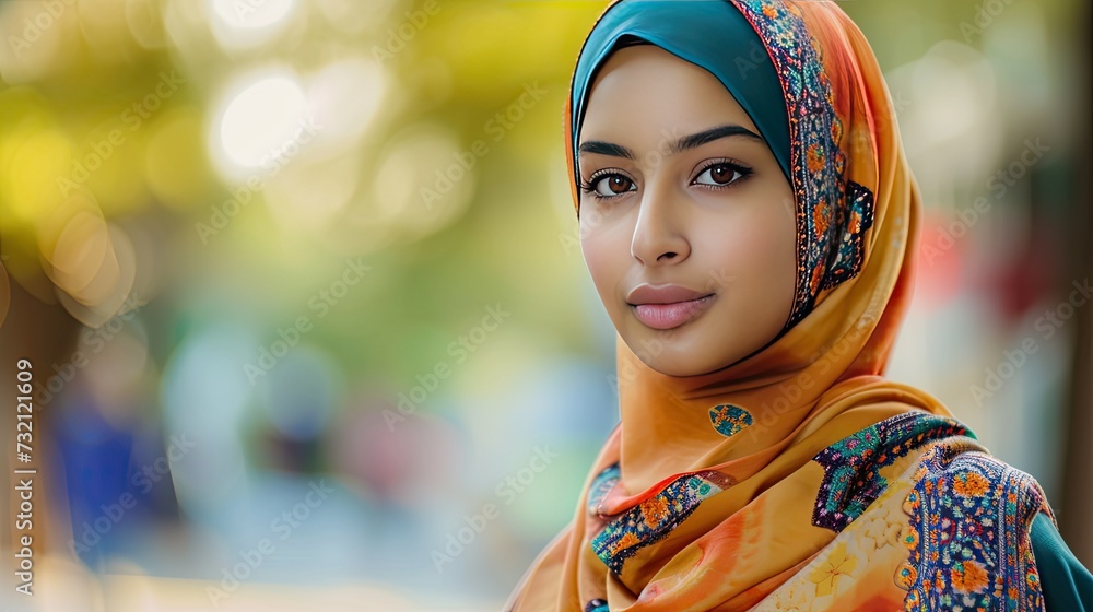 A Muslim woman in a vibrant hijab
