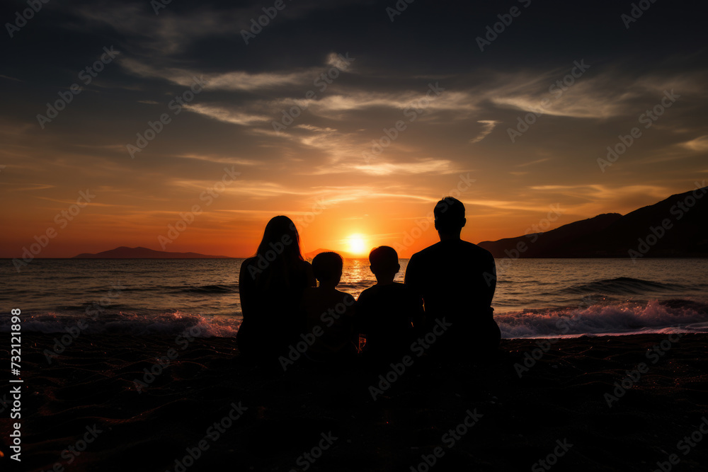 Silhouette of a Family Watching Sunset on the Beach
