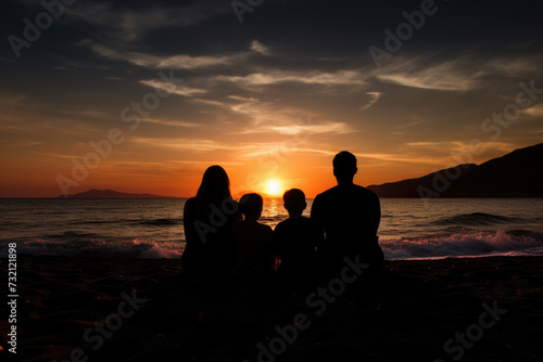 Silhouette of a Family Watching Sunset on the Beach