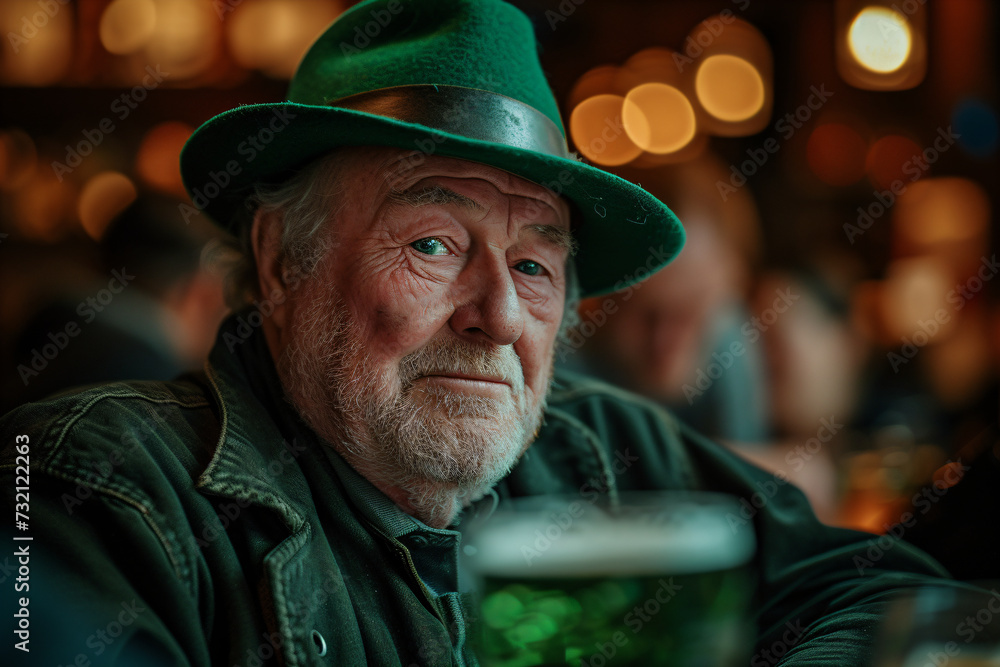Happy senior man drinking beer in the bar. Celebrates St. Patrick's Day in Ireland pub. Greeting card, banner, flyer, poster Happy senior man drinking beer in the bar. Celebrates St. Patrick's Day in Ireland pub. Greeting card, banner, flyer, poster