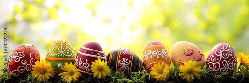 Wide banner background with Easter theme copy space and vibrantly decorated eggs - Generative ai