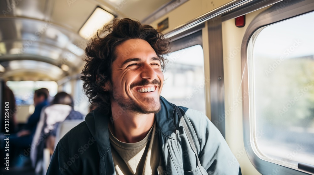 Photograph of a smiling man sitting in a train/bus. Man traveling with public transport. Photograph of a smiling man sitting in a train/bus. Man traveling with public transport.