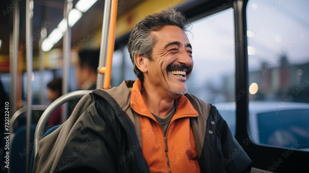 Photograph of a smiling man sitting in a train/bus. Man traveling with public transport. Photograph of a smiling man sitting in a train/bus. Man traveling with public transport.