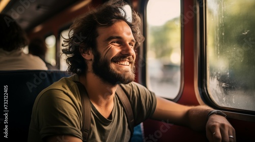 Photograph of a smiling man sitting in a train/bus. Man traveling with public transport. © GMeta