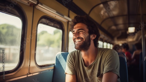 Photograph of a smiling man sitting in a train/bus. Man traveling with public transport.