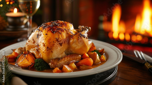 An inviting fireplace sets the scene for this hearty meal featuring a succulent roasted chicken served with a mouthwatering gravy and a side of tender firekissed vegetables. photo