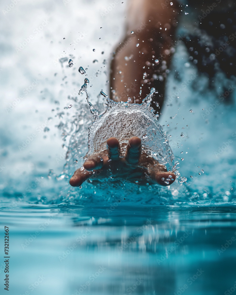 Hand of swimmer splashing clear water at the pool. Capturing the swimming motion, dynamic essence and purity. Concept of motion, sport, action and athlete