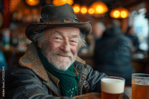 Happy senior man drinking beer in the bar. Celebrates St. Patrick's Day in Ireland pub. Greeting card, banner, flyer, poster