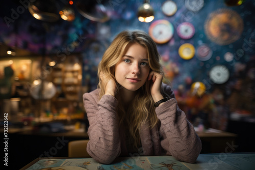 Dreamy Young Woman at a Vibrant Cafe