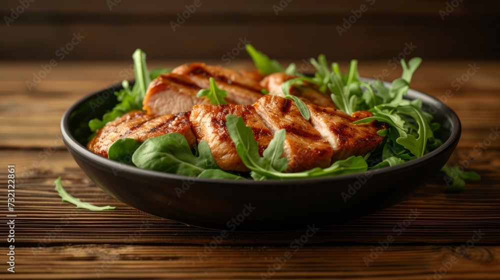 A front view fried meat with greens inside dark plate on the brown wooden desk meal food dinner, realistic, HD, copy space - generative ai A front view fried meat with greens inside dark plate on the brown wooden desk meal food dinner, realistic, HD, copy space - generative ai