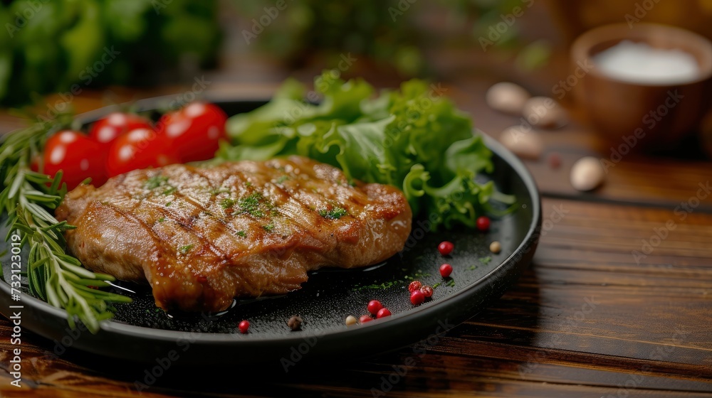 A front view fried meat with greens inside dark plate on the brown wooden desk meal food dinner, realistic, HD, copy space - generative ai A front view fried meat with greens inside dark plate on the brown wooden desk meal food dinner, realistic, HD, copy space - generative ai