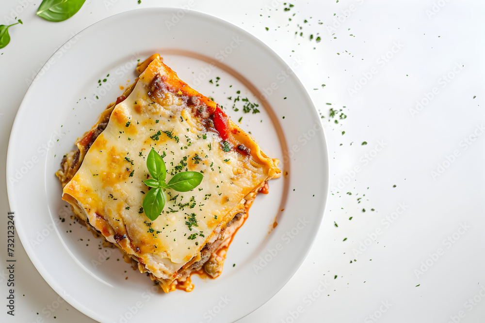 top view of Italian lasagna on a white plate.white background, free space.concept menu restaurant top view of Italian lasagna on a white plate.white background, free space.concept menu restaurant