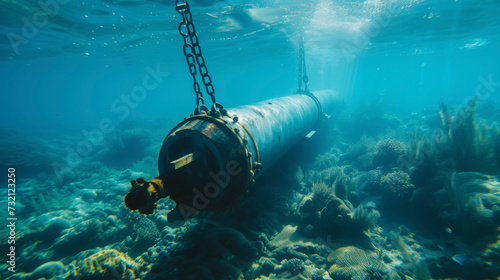 In an underwater shot an advanced ballast water treatment system is seen in operation preventing the spread of invasive species and protecting the marine ecosystem. photo