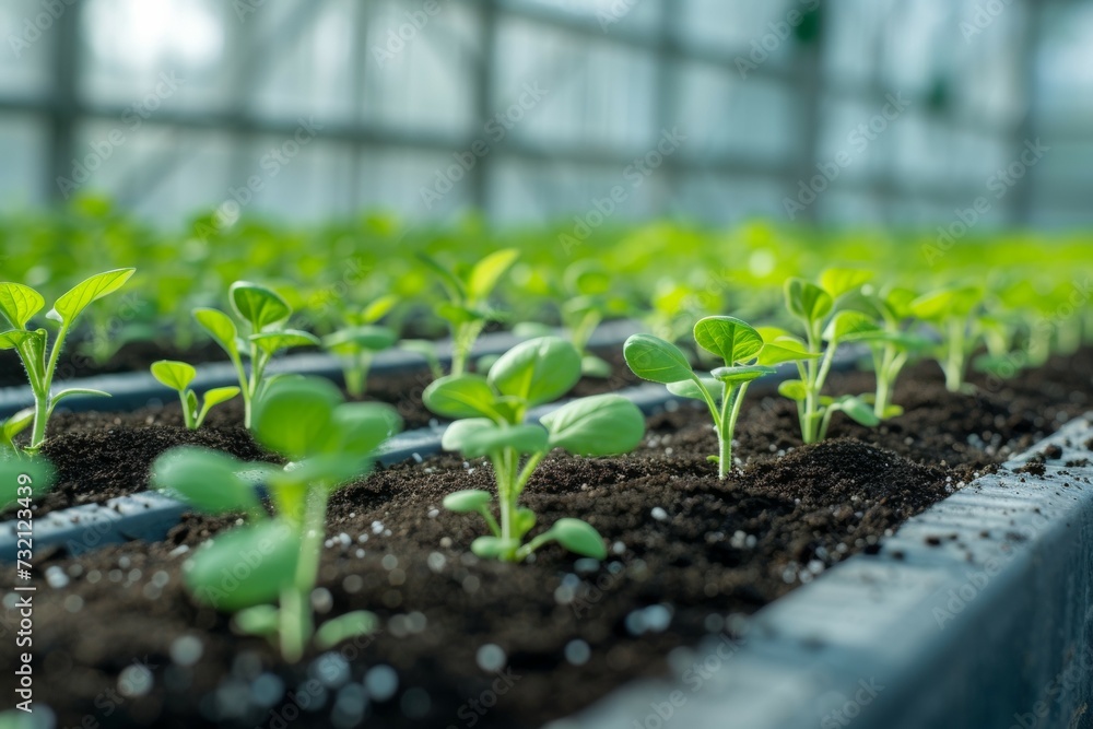 Seedlings in a greenhouse. Background with selective focus and copy space Seedlings in a greenhouse. Background with selective focus and copy space