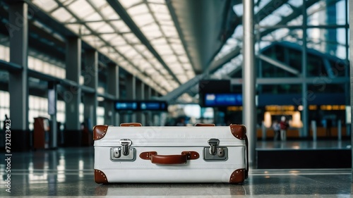 Big white travel suitcase on airport terminal background from Generative AI © Arceli