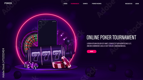 A web banner with a smartphone, roulette, dice, cards, slot machine and poker chips on a podium with a neon bright frame on a purple background.