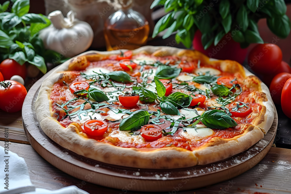 Delicious pizza with plum tomatoes and basil on a cutting board.margherita. Italian