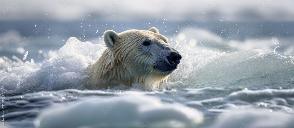 A Polar bear, a terrestrial carnivore, gracefully swims in the fluid nature of the ocean, surrounded by the natural beauty of liquid landscapes and the polar ice cap.