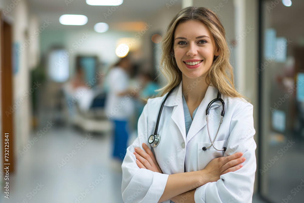 Female Doctor in the Hallways of a Hospital, Portrait of a Young and Confident Medical Professional in her Medicine and Health Work, with Copy Space Female Doctor in the Hallways of a Hospital, Portrait of a Young and Confident Medical Professional in her Medicine and Health Work, with Copy Space