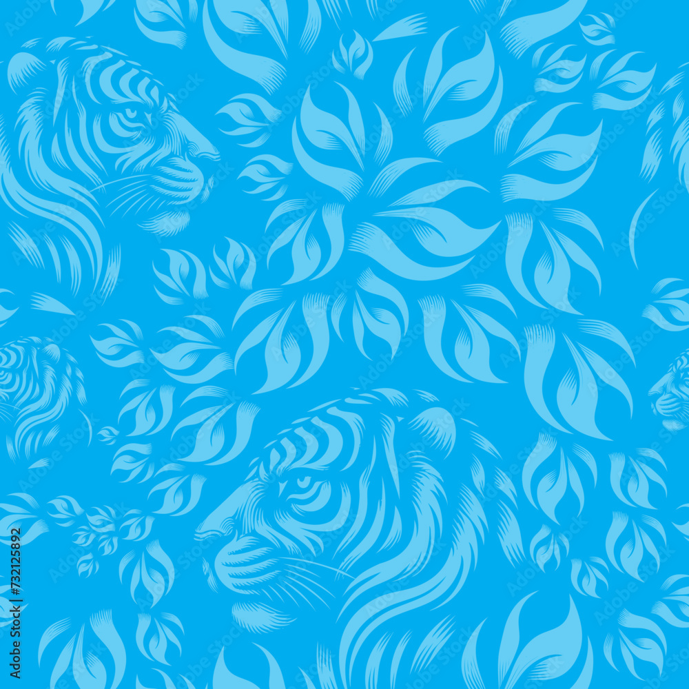 Seamless pattern - Motif raccordable- Tilable - Motif tigre et feuillage - 2 couleurs bleu - obrazy, fototapety, plakaty 
