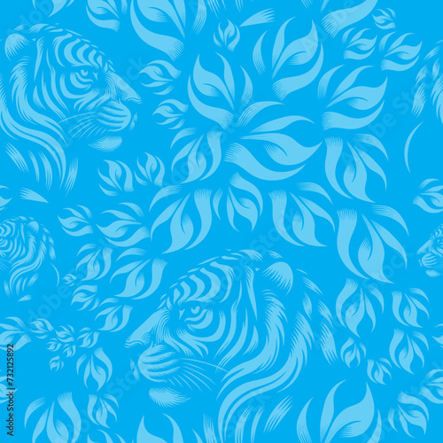 Seamless pattern - Motif raccordable- Tilable - Motif tigre et feuillage - 2 couleurs bleu