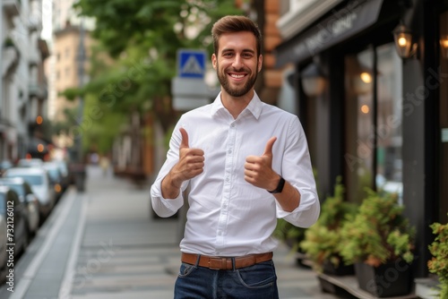 Young happy handsome smiling professional businessman, happy confident positive male entrepreneur standing outdoor on street thumbs up, looking at camera,