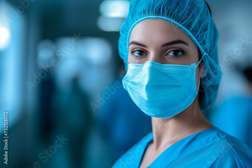 Nurse with Mask, Portrait at Work in a Hospital, Medical Professional Prepares for Surgery with Copy Space