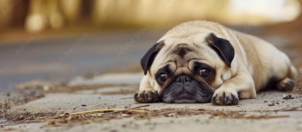 Obraz premium The Pug, a toy dog breed, is lying on the ground with its head and wrinkled snout resting on the floor.