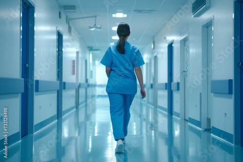 Female Doctor Walking through an Empty Hospital Corridor, Strolling down the long hospital hallway to attend to her patients with professionalism and with copy space