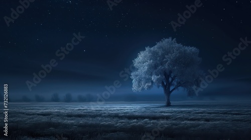 Fantasy landscape with lonely tree on foggy meadow at night