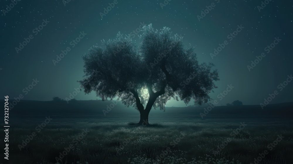 3D render of a tree in the middle of a field at night 3D render of a tree in the middle of a field at night