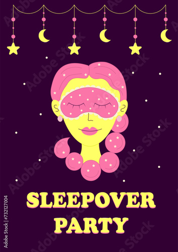 Pajama party poster invitation. Girl sleeping in a blindfold. Themed bachelorette party, sleepover party. Vector illustration