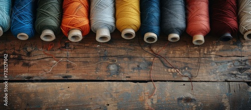 Assorted threads on rustic wooden backdrop. photo