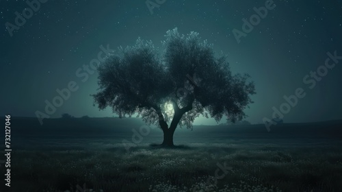 3D render of a tree in the middle of a field at night