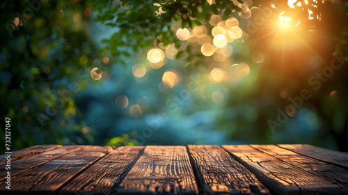 Empty wood table top on bokeh and blur abstract green background with golden lights. Product display template. Display mockup, montage your product, design key visual layout