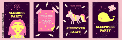 Set of invitations or posters for pajama party. Themed bachelorette party, sleepover or birthday party. Vector illustration