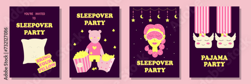 Set of invitations or posters for pajama party. Themed bachelorette party, sleepover or birthday party. Vector illustration