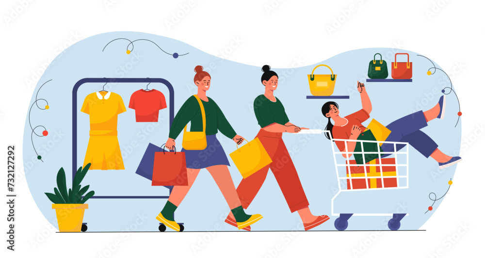 Girls shopping online vector concept
