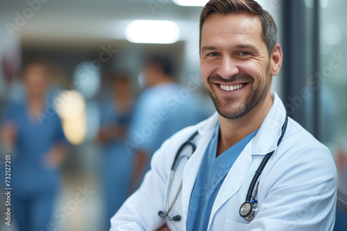 Male Doctor in the Hallways of a Hospital, Portrait of a Young Physician with Confidence and a Beautiful Smile Representing Medicine, with Copy Space