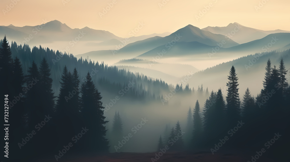 Forest landscape, exotic foggy forest Forest landscape, exotic foggy forest