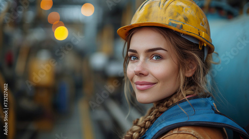 Female engineer wearing a construction helmet at a construction site, industrial enterprise.