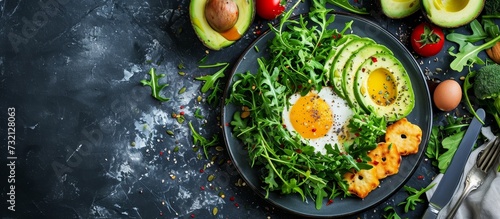 A dish containing eggs, avocado, and vegetables placed on a table showcasing a delightful combination of ingredients and flavors.