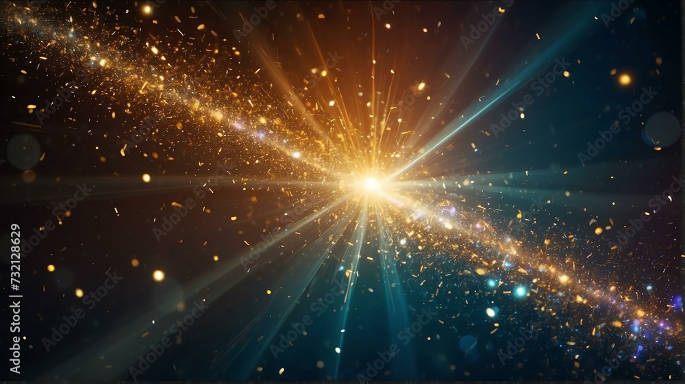 Fototapeta premium Asymmetric colorful light burst with rays and golden sparkles bokeh on space cosmos galaxy background from Generative AI